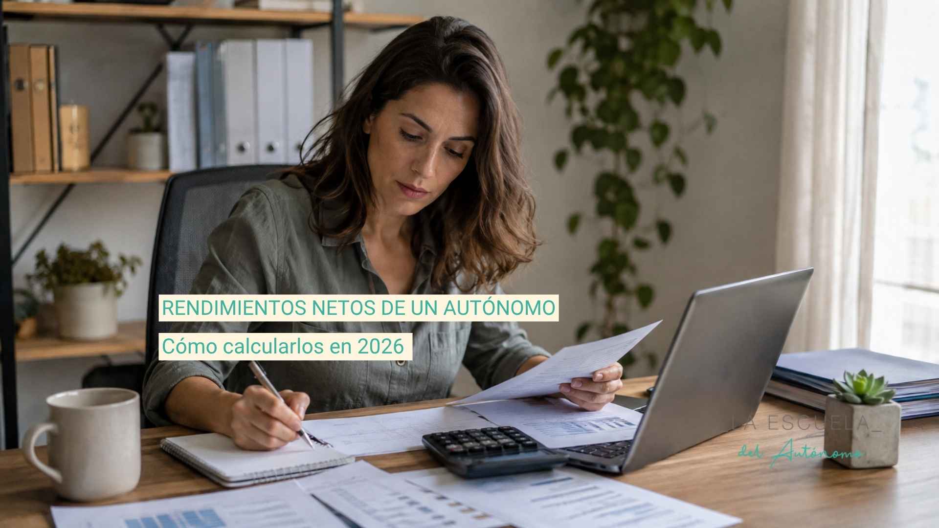 Autónoma revisando documentos y calculando los rendimientos netos de un autónomo para la Seguridad Social