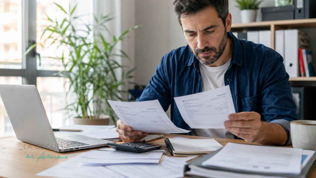 Autónomo revisando facturas y calculando los rendimientos netos de un autónomo para su cotización